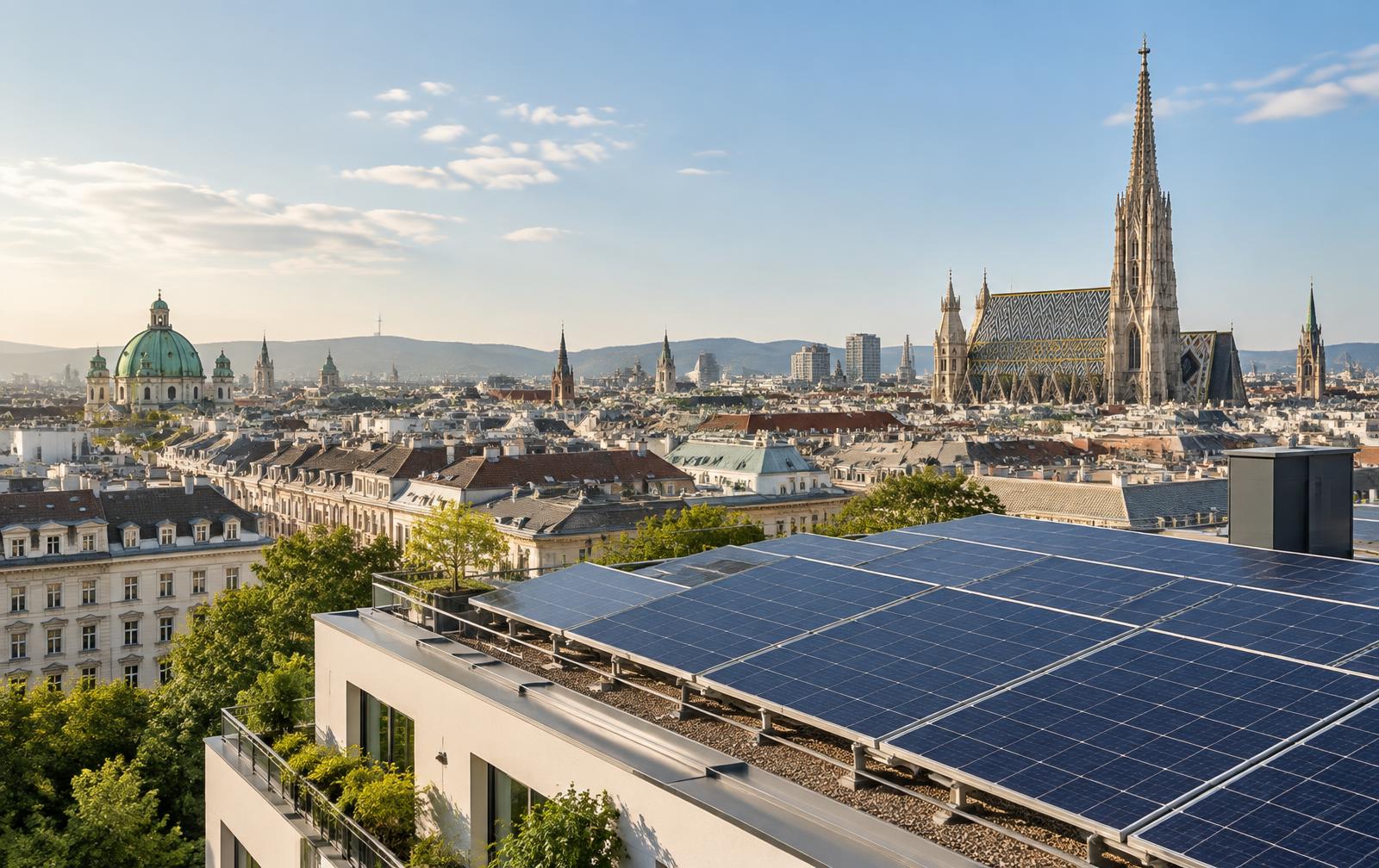 Photovoltaik auf einem Wiener Dach mit Blick auf die Stadt